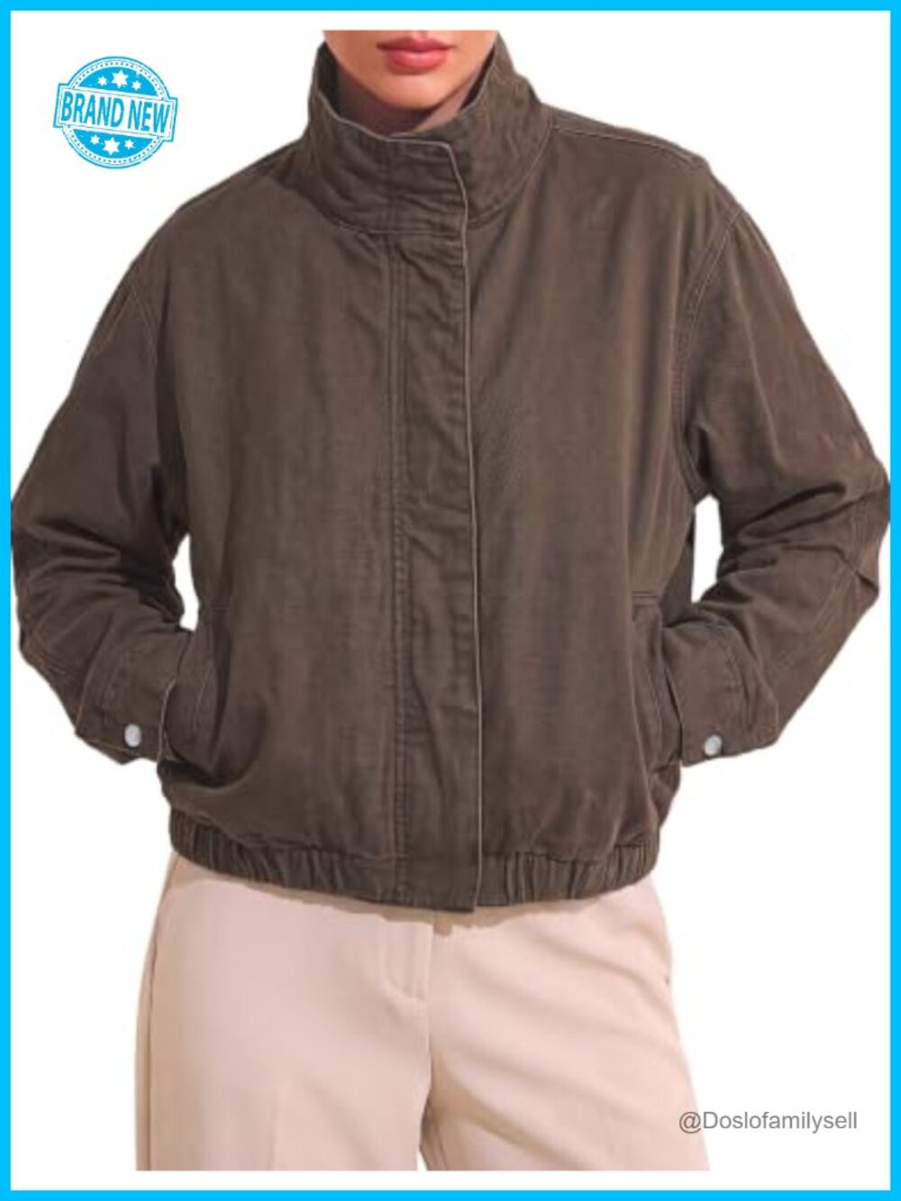 Oversized Funnel Neck Zip Up Denim Jacket Casual Bomber Style